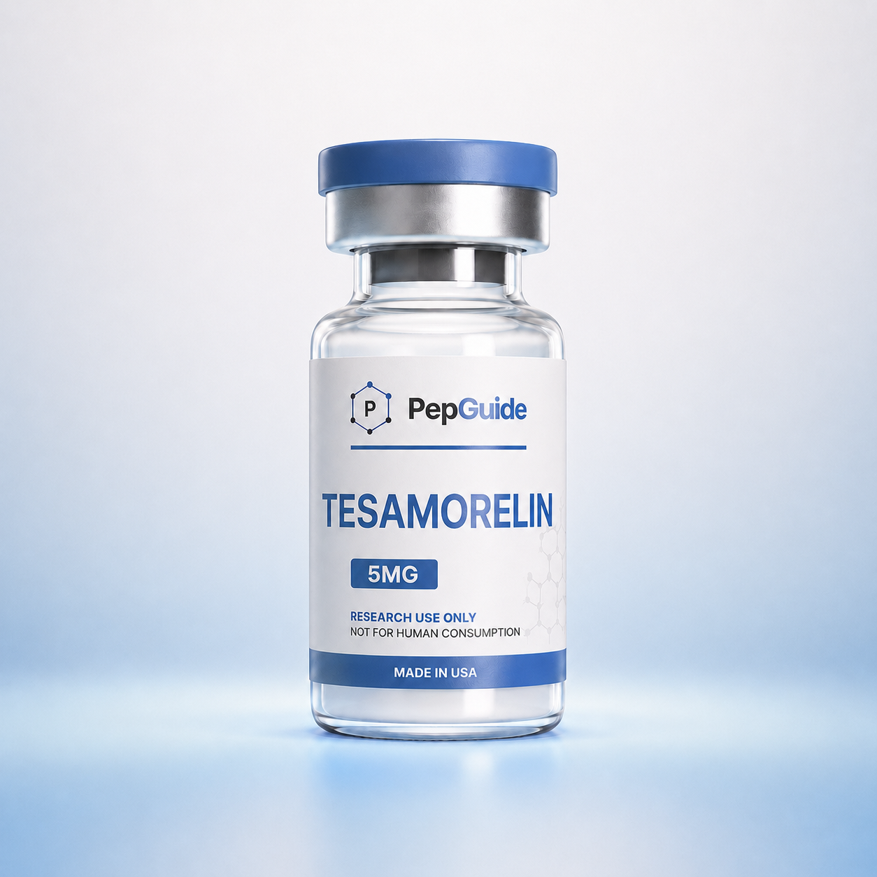 Tesamorelin research peptide vial from PepGuide